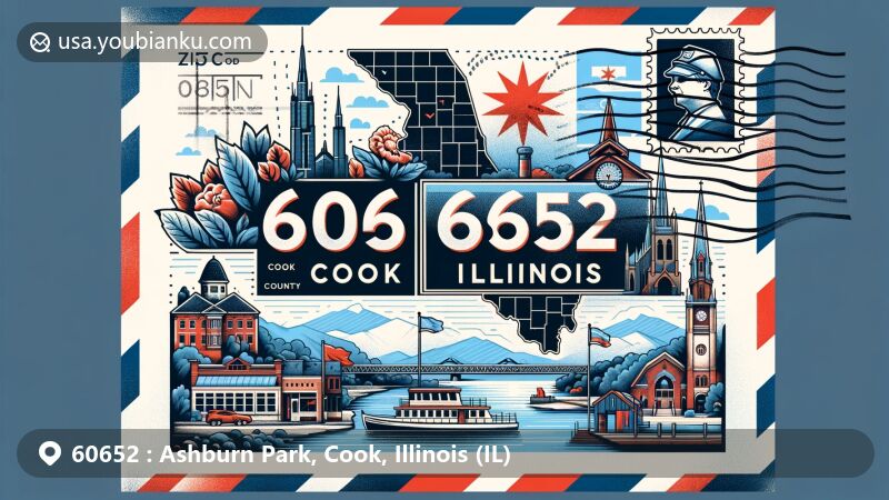 Modern illustration of Ashburn Park, Cook County, Illinois, featuring postal theme with ZIP code 60652, showcasing iconic elements of the park and the state, incorporating Cook County outline, Illinois state flag, and postal elements.