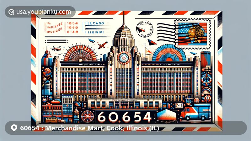 Modern illustration of Merchandise Mart in Cook County, Illinois, styled as a wide airmail envelope with Chicago flag, city skyline silhouette, and vibrant cultural elements, featuring Illinois state flag postage stamp and '60654' postmark.