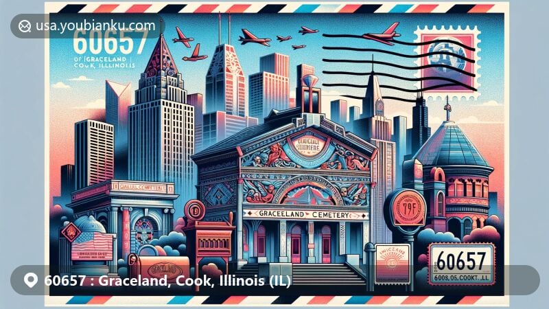 Modern illustration of Graceland, Cook, Illinois, featuring Graceland Cemetery and Chicago's theater culture, including Cadillac Palace Theatre and The Second City comedy club, with iconic postal theme of ZIP code 60657 and Chicago skyline.