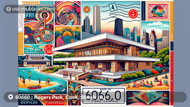 Modern illustration of Rogers Park, Cook County, Illinois, showcasing postal theme with ZIP code 60660, featuring Emil Bach House, Mile of Murals project, Loyola University structures, and lakeside charm.