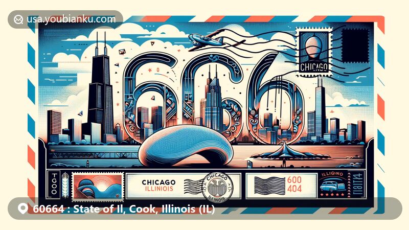 Modern illustration of Chicago, Illinois, inspired by ZIP Code 60664, featuring iconic landmarks like Willis Tower and Cloud Gate, alongside state symbols and airmail design.
