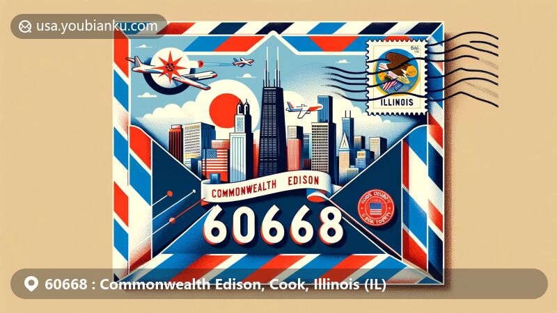 Modern illustration of Commonwealth Edison, Cook, Illinois, showcasing postal theme with ZIP code 60668, featuring Chicago skyline and Illinois state flag.