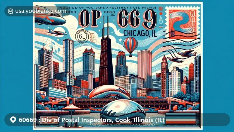 Modern illustration of Chicago showcasing postal theme with ZIP code 60669, featuring Willis Tower and Cloud Gate sculpture, creatively integrated into the design with bold and stylish '60669' at the top.