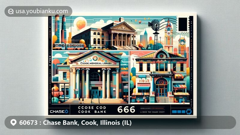Modern illustration of Chase Bank area in Cook County, Illinois, showcasing iconic landmarks like Cook Memorial Library and Ansel B. Cook House, blended with postal theme and ZIP Code 60673.
