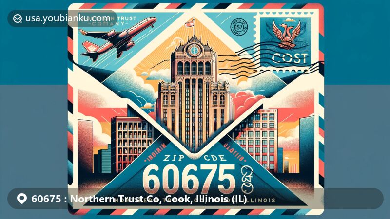 Modern illustration of Northern Trust Co area in Cook County, Illinois, showcasing postal theme with ZIP code 60675, featuring iconic Northern Trust Company Building and Illinois state flag.
