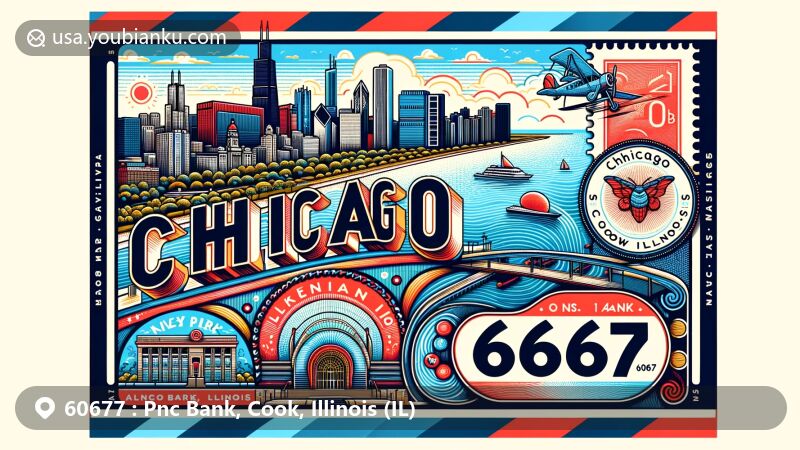 Modern illustration of Pnc Bank, Cook, Illinois, showcasing postal theme with ZIP code 60677, featuring iconic Chicago landmarks like Willis Tower, the Bean at Millennium Park, Navy Pier, and Lincoln Park Zoo.