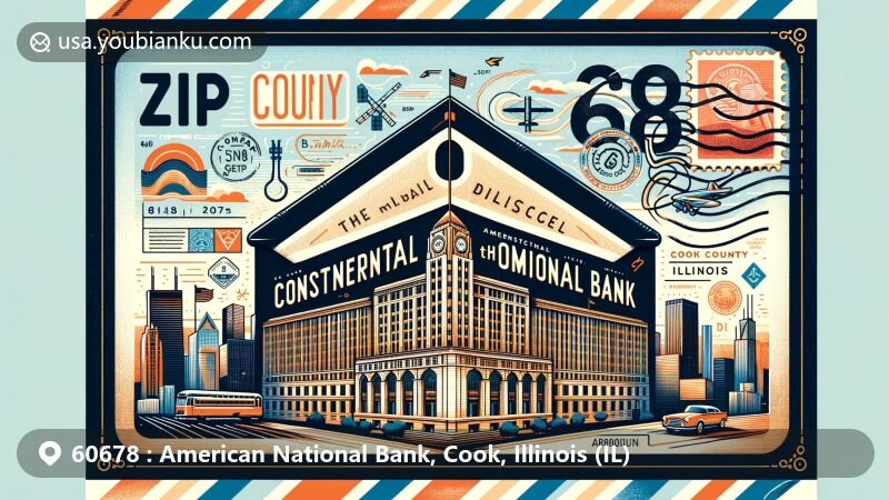 Modern illustration of American National Bank, Cook, Illinois, featuring vintage airmail envelope with Continental and Commercial Bank Building, Chicago skyline, Cook County outline, and Illinois state symbols.
