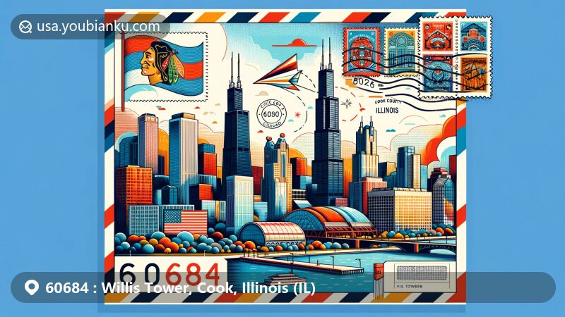 Modern illustration of Willis Tower, Cook County, Illinois, representing ZIP code 60684, featuring iconic Chicago skyline, landmarks, and cultural symbols, with Cook County map in background.