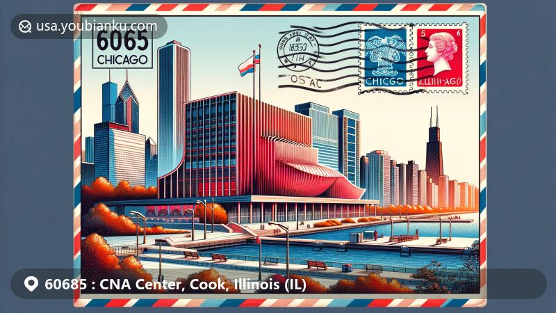 Modern illustration of CNA Center in Chicago, showcasing the iconic red building against the city skyline, with Illinois state flag and Cook County outline in the background. Postal elements like stamps, postmarks, and envelope borders with '60685' ZIP code frame the image, creating a contemporary and vibrant depiction suitable for web display, creatively capturing the uniqueness of this ZIP code area.