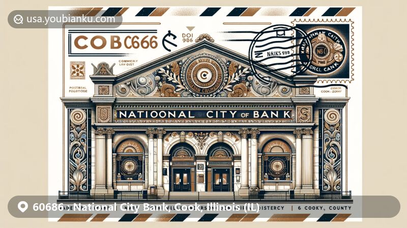 Vintage-style illustration of National City Bank in Cook County, Illinois, showcasing ZIP code 60686, featuring airmail envelope with architectural details and Swedish cultural motifs.