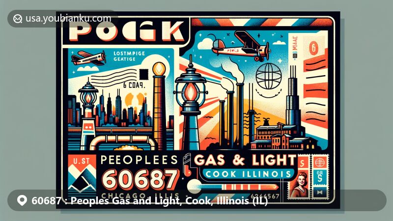 Vintage postcard style illustration of Peoples Gas and Light, Cook, Illinois, with Chicago skyline, gas lamp, and mail envelope design.
