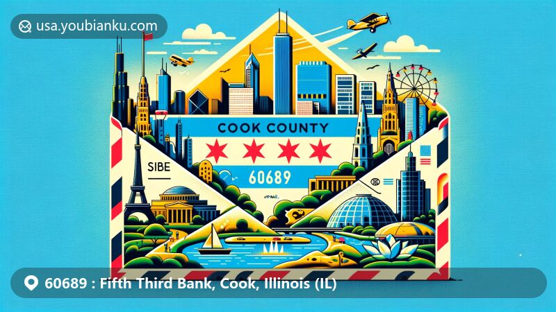 Modern illustration of ZIP Code 60689 in Cook County, Illinois, featuring diverse landmarks and culture, including 875 North Michigan Avenue, Adler Planetarium, Block Museum of Art, and the Cook County flag.