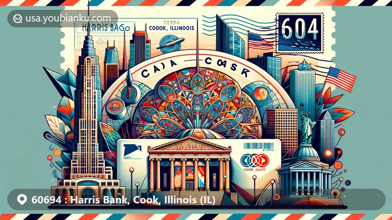 Modern illustration of Harris Bank, Cook, Illinois, with postal elements and local landmarks representing ZIP code 60694, including Chicago Cultural Center, Abraham Lincoln Monument, and Cook County symbols.