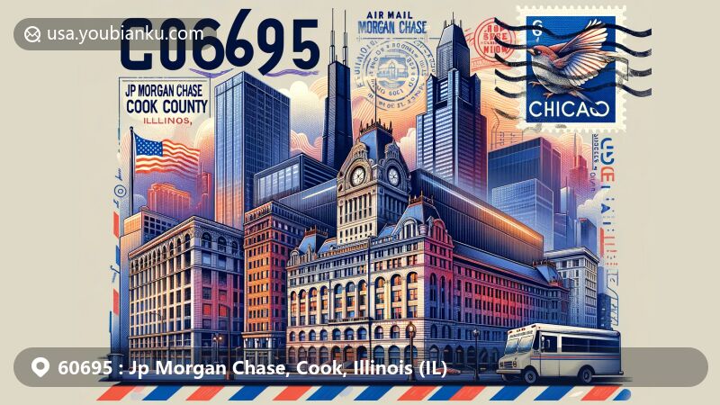 Modern illustration of Jp Morgan Chase, Cook, Illinois, featuring air mail envelope design with ZIP code 60695, showcasing iconic landmarks like Belden-Stratford building and Tribune Tower.