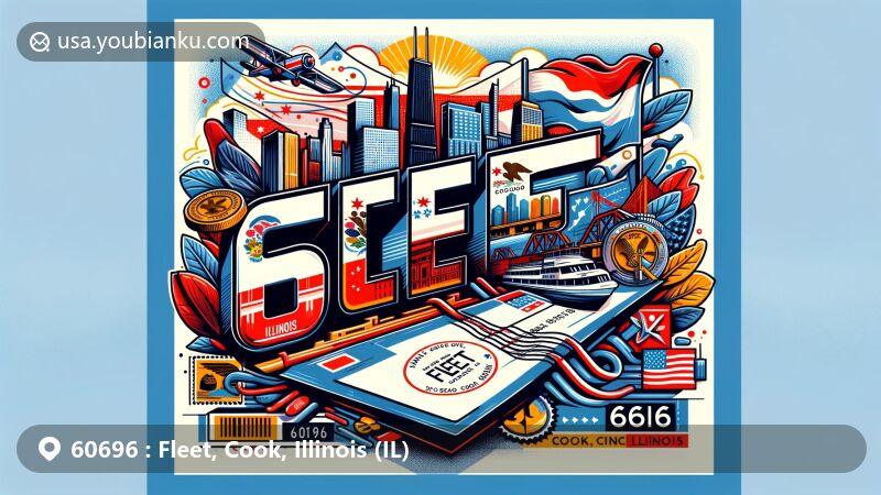 Modern illustration of Fleet area, Cook County, Illinois, capturing ZIP code 60696 with Illinois and Chicago symbols on postal card design.