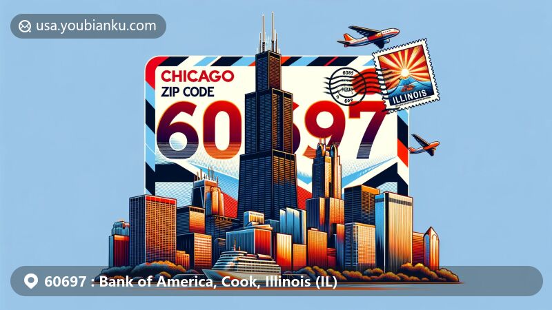 Modern illustration of Chicago skyline with Willis Tower as centerpiece, postal theme featuring airmail envelope and Illinois state flag stamp, emphasizing ZIP code 60697.