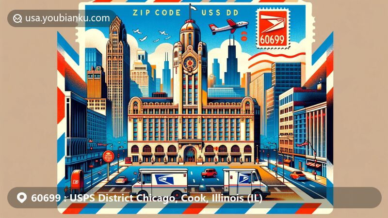 Modern illustration of Chicago, Cook County, Illinois, portraying the USPS District with ZIP code 60699, featuring Old Main Post Office and iconic city landmarks.
