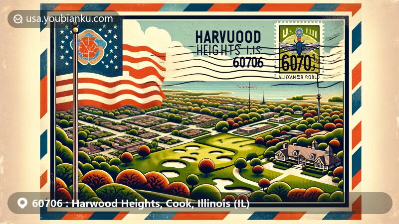 Vintage airmail envelope illustration of Harwood Heights, Cook County, Illinois, showcasing landscape with Ridgemoor Country Club and Che Che Pin Qua Woods, representing area's natural beauty and historical significance.