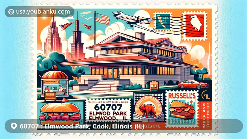 Modern illustration of Elmwood Park, Cook, Illinois, showcasing local landmarks like Frank Lloyd Wright Home and Studio, Johnnie’s Beef, and Russell's Barbecue within a postal theme featuring ZIP code 60707.