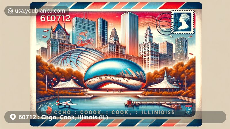 Modern illustration of Cook County, Illinois, highlighting postal theme with ZIP code 60712, featuring Cloud Gate sculpture, Wrigley Field, and Lincoln Park Zoo.