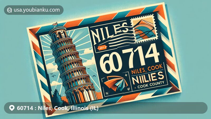 Vintage-style illustration of Niles, Cook, Illinois, showcasing ZIP code 60714, featuring the Leaning Tower of Niles, Illinois state flag stamp, and Cook County map outline.