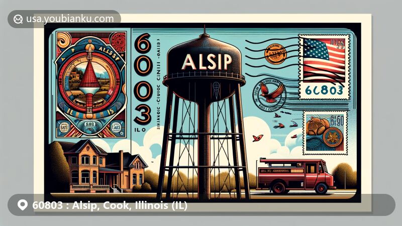 Modern illustration of Alsip, Cook County, Illinois, featuring dark red water tower, Alsip brickyard, and local agricultural symbols, complemented by vintage airmail envelope with Illinois state flag postage stamp and American mail truck.