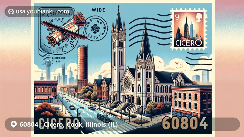 Modern illustration of Cicero, Cook, Illinois, highlighting ZIP code 60804 with iconic landmarks including Cicero Public Library, St. Mary of Częstochowa church, and Hawthorne Works Tower.