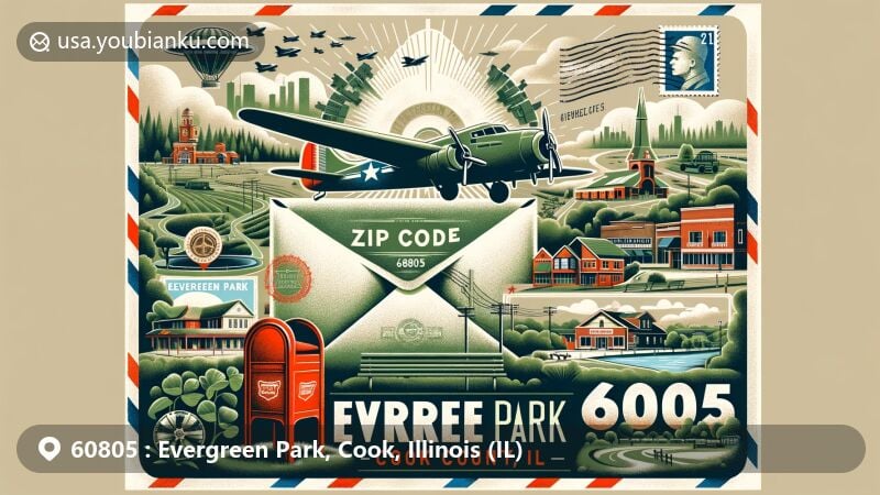 Vintage-style illustration of Evergreen Park, Cook County, Illinois, featuring air mail envelope with ZIP code 60805 and town name, showcasing WWI Memorial, Evergreen Plaza, farm life, and village scenes.