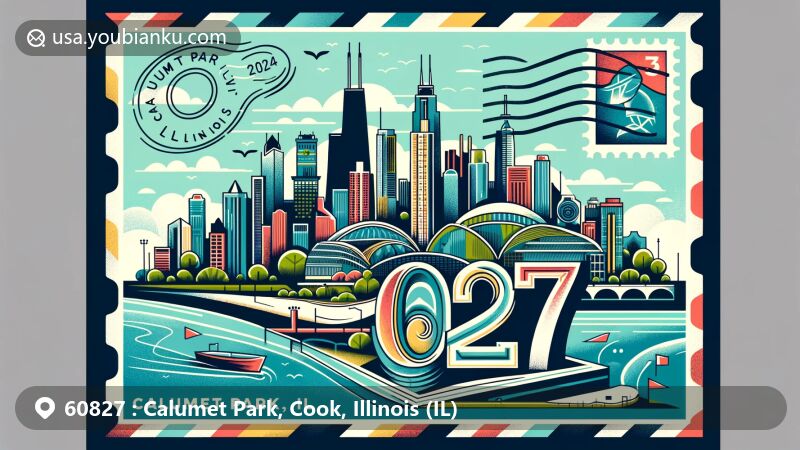Modern illustration of Calumet Park, Cook, Illinois, showcasing postal theme with ZIP code 60827, featuring skyline or notable landmarks of the area integrated with numbers '60827', and postmark with 'Calumet Park, IL' and date '2024'.