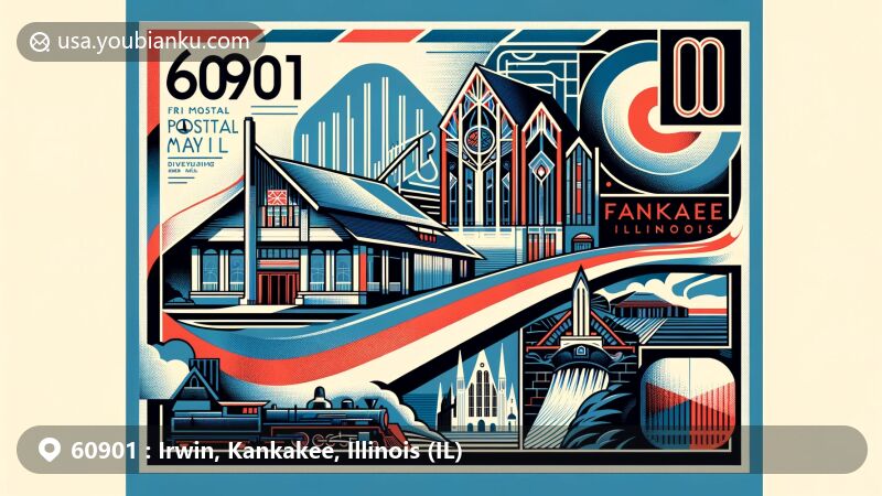 Modern illustration of Irwin and Kankakee, Illinois, inspired by vintage air mail envelopes and showcasing ZIP code 60901, with elements including Kankakee River, B. Harley Bradley House, historic churches, steam engine, and French cultural symbols.