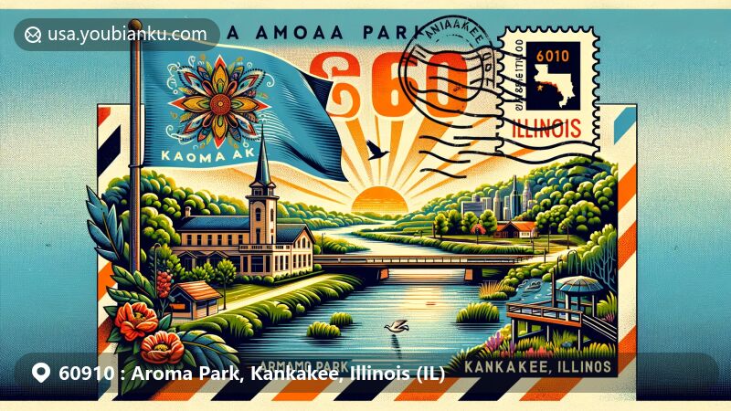 Modern illustration of Aroma Park, Kankakee, Illinois, showcasing a scenic landscape with the Kankakee River, vintage postcard, and Illinois state flag, integrating ZIP code 60910 and local landmarks.