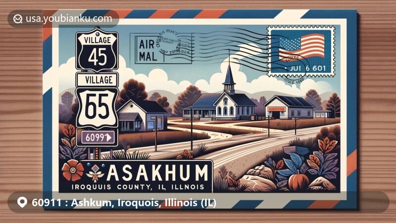 Modern illustration of Ashkum village, Iroquois County, Illinois, featuring U.S. Route 45 and Illinois Route 116 road signs, Ashkum Village Hall, and Native American heritage, framed with air mail envelope design and Illinois state flag stamp.