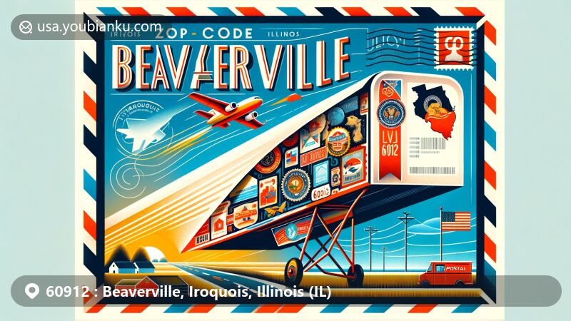 Creative illustration of Beaverville, Iroquois, Illinois, featuring a prominent airmail envelope with postal elements and symbols of the state.