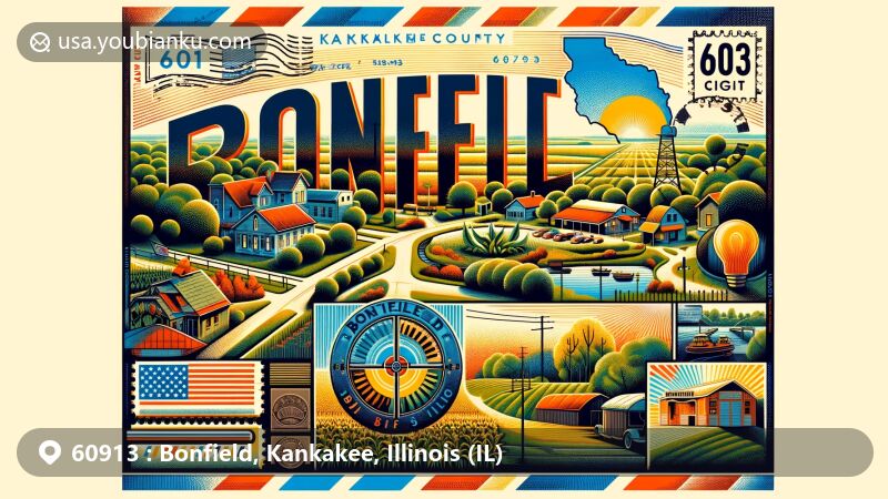 Modern illustration of Bonfield, Kankakee County, Illinois, featuring vibrant imagery of ZIP code 60913 in the form of a wide postcard or air mail envelope, showcasing rural landscape, cornfields, village charm, and postal symbols.