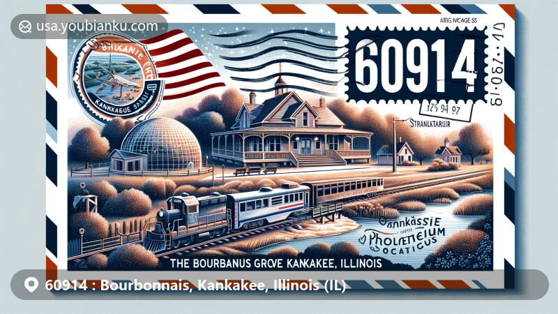 Modern illustration of Bourbonnais, Kankakee County, Illinois, featuring a postcard design with ZIP code 60914, showcasing Kankakee River State Park, Bourbonnais Grove Historical Society, Strickler Planetarium, and Illinois state flag.