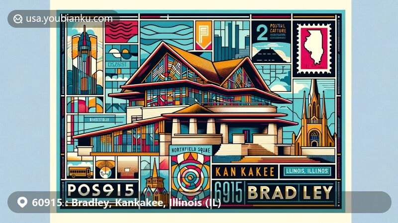 Modern illustration of Bradley, Kankakee, Illinois, showcasing postal theme with ZIP code 60915, highlighting regional landmarks like B. Harley Bradley House by Frank Lloyd Wright, Northfield Square Mall, and Kankakee County churches.