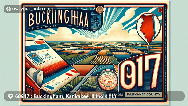 Modern illustration of Buckingham, Kankakee County, Illinois, inspired by vintage postcards, featuring the county outline with marked location, rural landscape, classic airmail envelope, postal stamp, '60917' postmark, and vintage mailbox.
