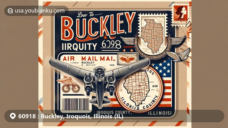Modern illustration of Buckley, Iroquois County, Illinois, showcasing postal theme with ZIP code 60918, featuring vintage-style air mail envelope with detailed county map, historic map of Buckley, Illinois state flag stamp, and postmark.