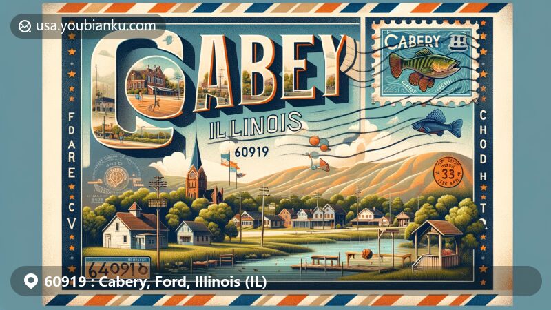 Vintage postcard illustration of Cabery, Ford County, Illinois, with postal code 60919, showcasing rural charm and historic architecture.