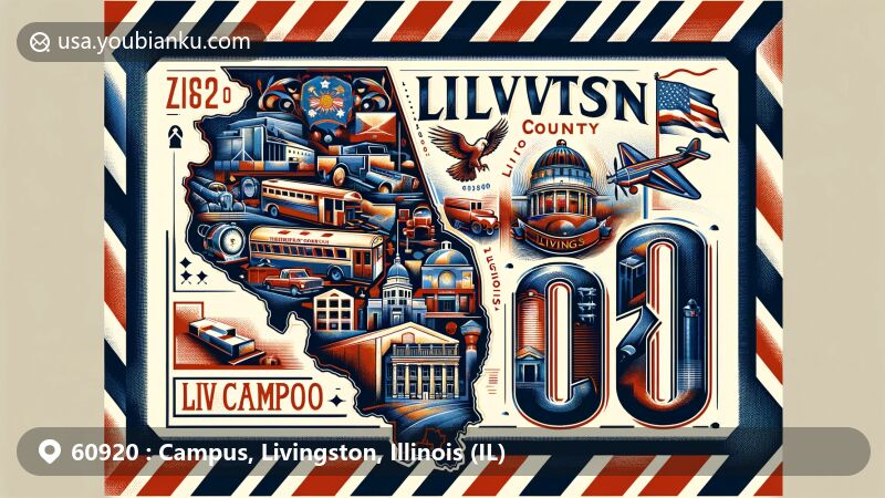 Illustration of Campus, Livingston County, Illinois, depicting a wide-format airmail envelope with Illinois state flag, Livingston County map, and local Campus landmarks, themed with postal elements like vintage stamps and a postal truck.