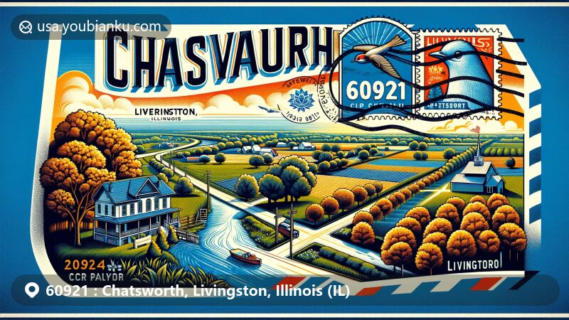 Modern illustration of Chatsworth, Livingston, Illinois, showcasing vintage airmail envelope with ZIP code 60921 and Illinois state flag stamp, featuring Chatsworth's maple trees, farmland, and bluebird emblem.
