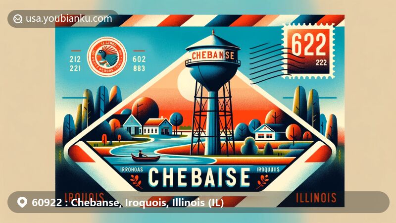 Artistic depiction of Chebanse, Iroquois, Illinois (IL), showcasing postal theme with ZIP code 60922, featuring the iconic water tower symbolizing community and family values, surrounded by local parks and natural landscapes, with Potawatomi translation of 'Chebanse' meaning 'little duck' as a tribute to cultural heritage, and clever incorporation of Illinois state flag, all in a vibrant and eye-catching style.