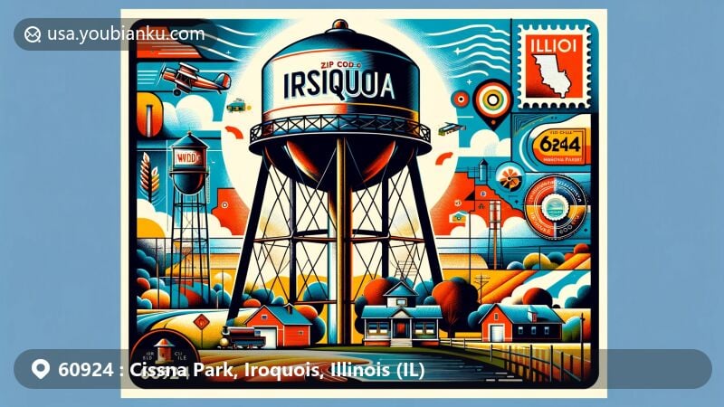 Modern illustration of Cissna Park, Iroquois County, Illinois, with iconic water tower and rural landscape, featuring a stylized map of Illinois and postal elements.