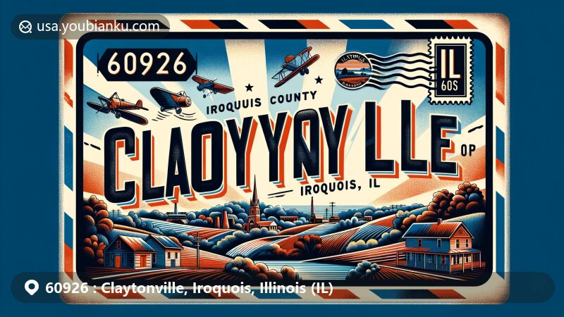 Vintage illustration of Claytonville, Iroquois County, Illinois, with ZIP code 60926, showcasing a vintage airmail envelope design featuring Illinois state symbols, rural scenes, and postal elements.