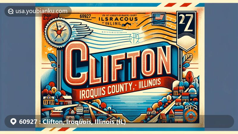 Modern illustration of Clifton, Iroquois County, Illinois, with a vintage airmail envelope showcasing ZIP code 60927 and local symbols.
