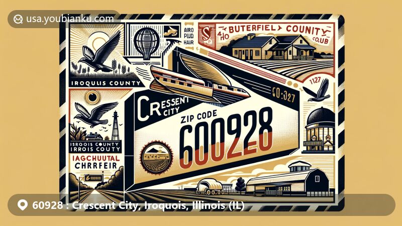 Modern illustration of Crescent City, Iroquois County, Illinois, featuring a vintage air mail envelope with ZIP code 60928 and symbolic elements of the town, including Butterfield Trail and Iroquois County Agricultural Fair.