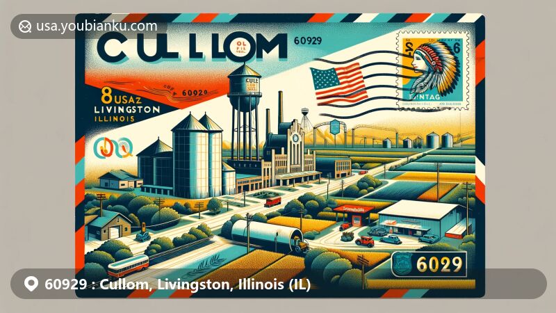 Modern illustration of Cullom, Livingston, Illinois, resembling a vintage airmail envelope with ZIP code 60929, featuring Illinois state flag stamp and iconic landmarks like Central Park and Standard Oil Gas Station.