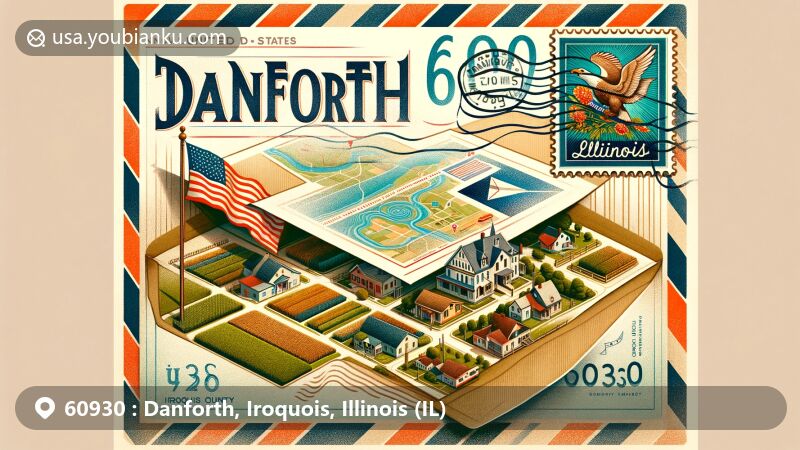 Vintage-style illustration of Danforth, Iroquois County, Illinois, featuring airmail envelope with open postcard depicting rural charm and small-town feel, integrated map outline of Iroquois County, vibrant stamp with US and Illinois flags, and prominent ZIP code 60930.
