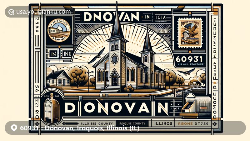 Modern illustration of Donovan, Iroquois County, Illinois, showcasing postal theme with ZIP code 60931, featuring Donovan Community Church and Illinois state symbols.