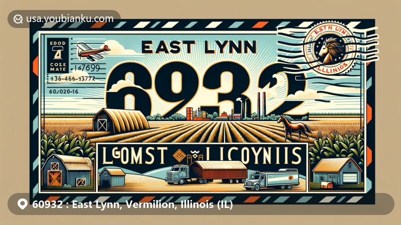 Modern illustration of East Lynn, Vermilion County, Illinois, featuring ZIP Code 60932 in air mail envelope style, showcasing agricultural fields, manufacturing sector, horse motifs, and postal theme.